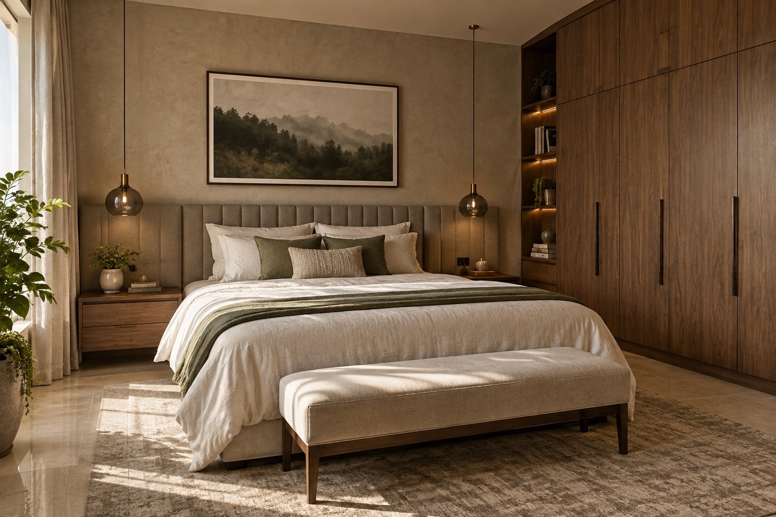 Soft neutral bedroom with a carefully layered bed